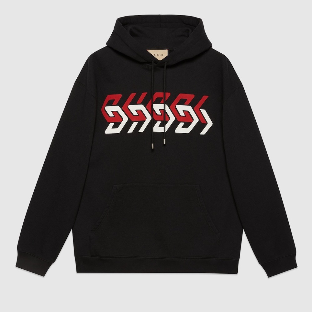 size S Gucci Chain Print Hooded Sweatshirt Black Cotton Hoodie Red White